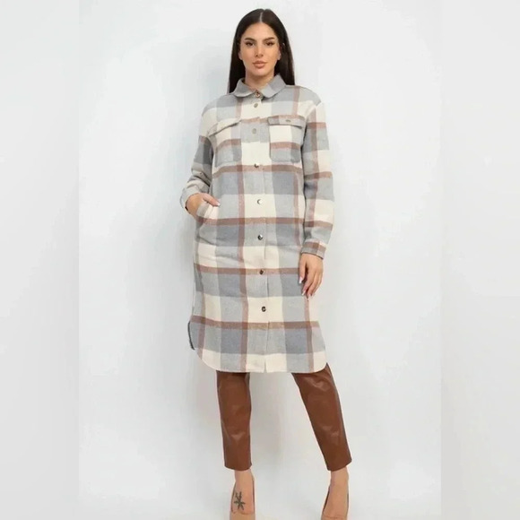 Cream & Gravy Plaid Knee Length Shacket Coat - Picture 1 of 4
